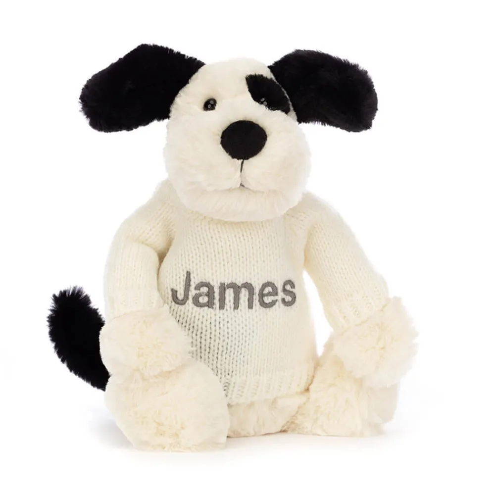 Hot Bashful Black & Cream Puppy with Personalised Cream Jumper