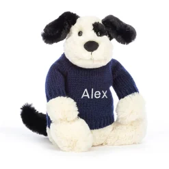 Hot Bashful Black & Cream Puppy with Personalised Navy Jumper