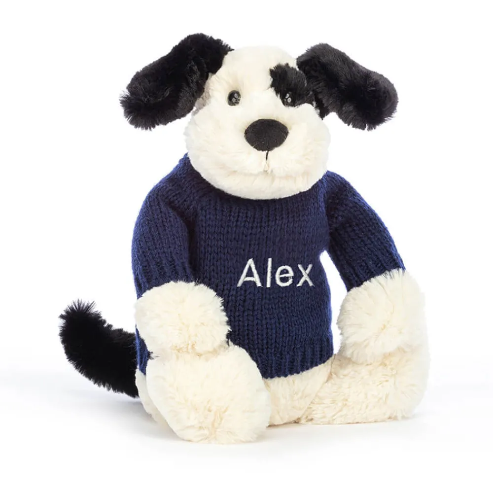 Hot Bashful Black & Cream Puppy with Personalised Navy Jumper