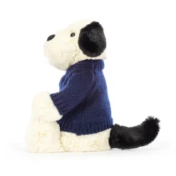 Hot Bashful Black & Cream Puppy with Personalised Navy Jumper