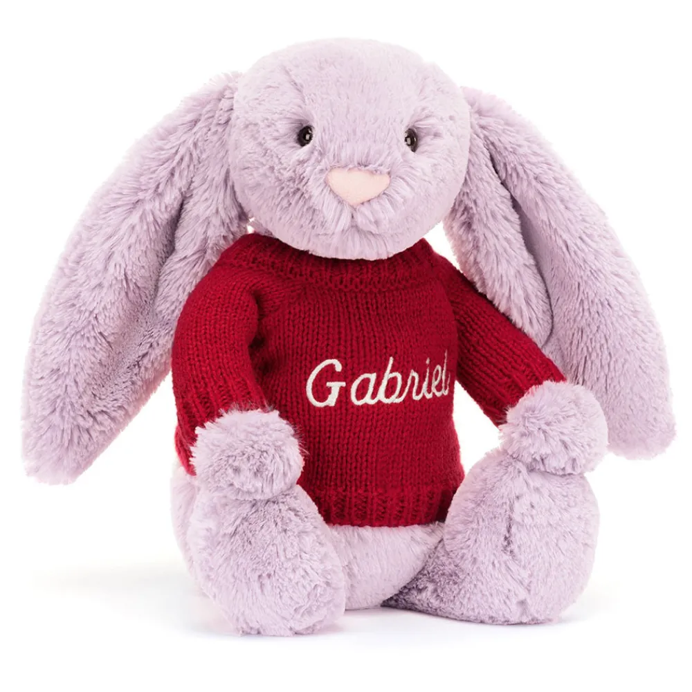 Online Bashful Lilac Bunny with Personalised Red Jumper