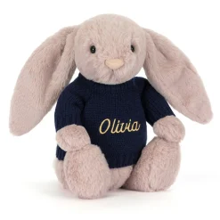 Hot Bashful Luxe Bunny Rosa with Personalised Navy Jumper