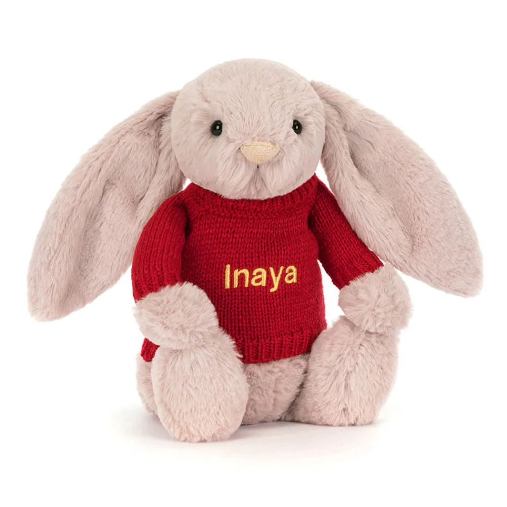 Best Bashful Luxe Bunny Rosa with Personalised Red Jumper