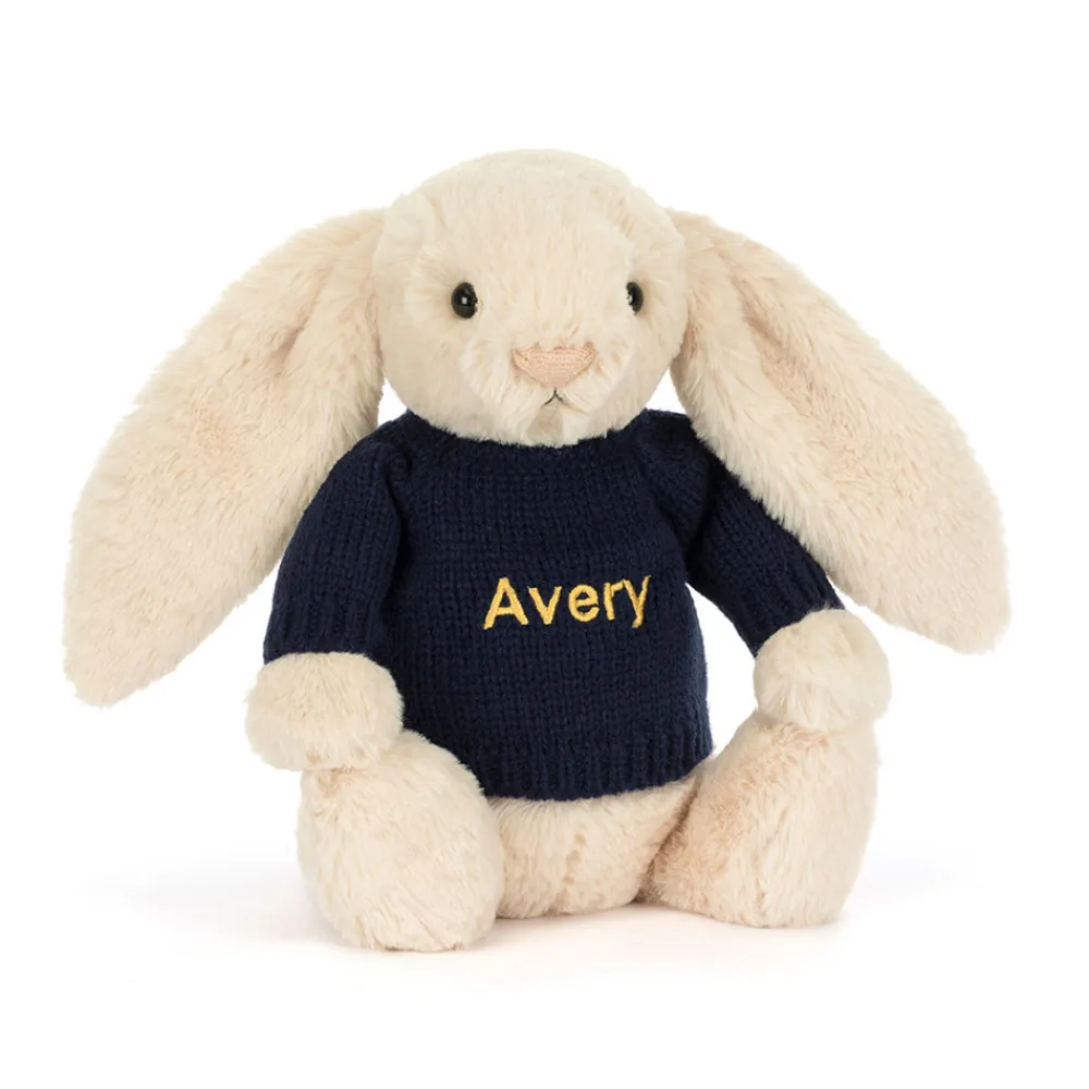 Online Bashful Luxe Bunny Willow with Personalised Navy Jumper