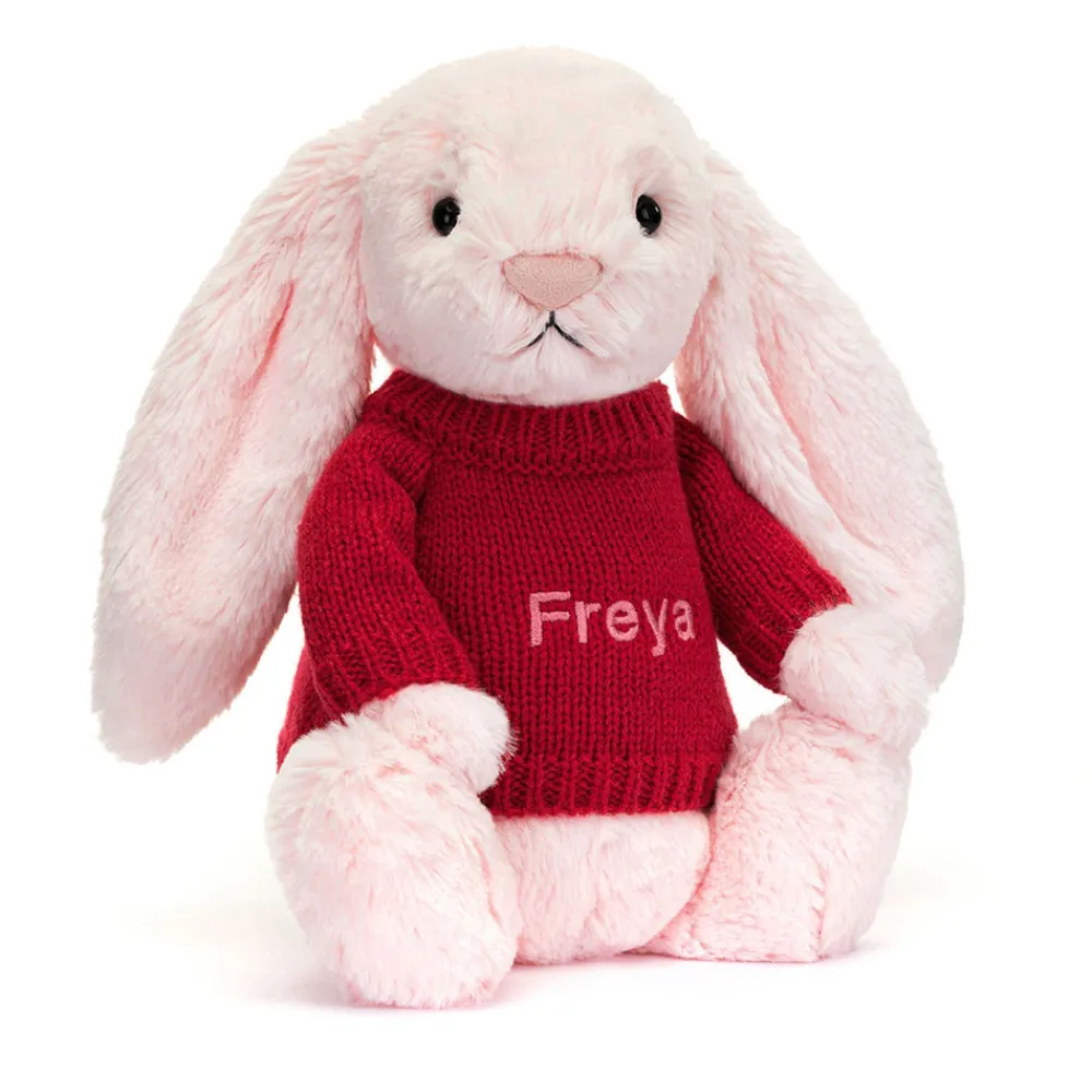 Hot Bashful Pink Bunny with Personalised Red Jumper