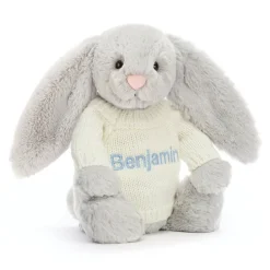 Online Bashful Silver Bunny with Personalised Cream Jumper
