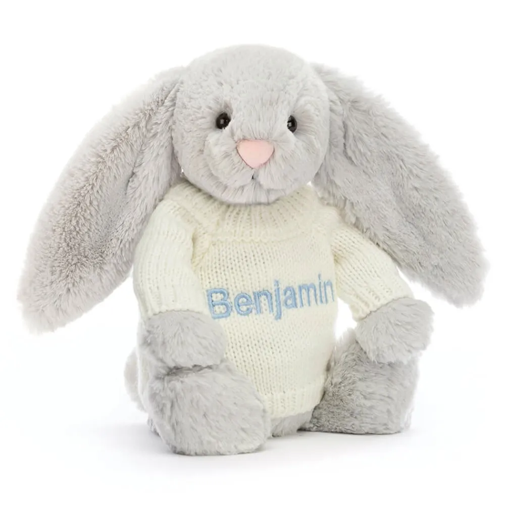 Online Bashful Silver Bunny with Personalised Cream Jumper