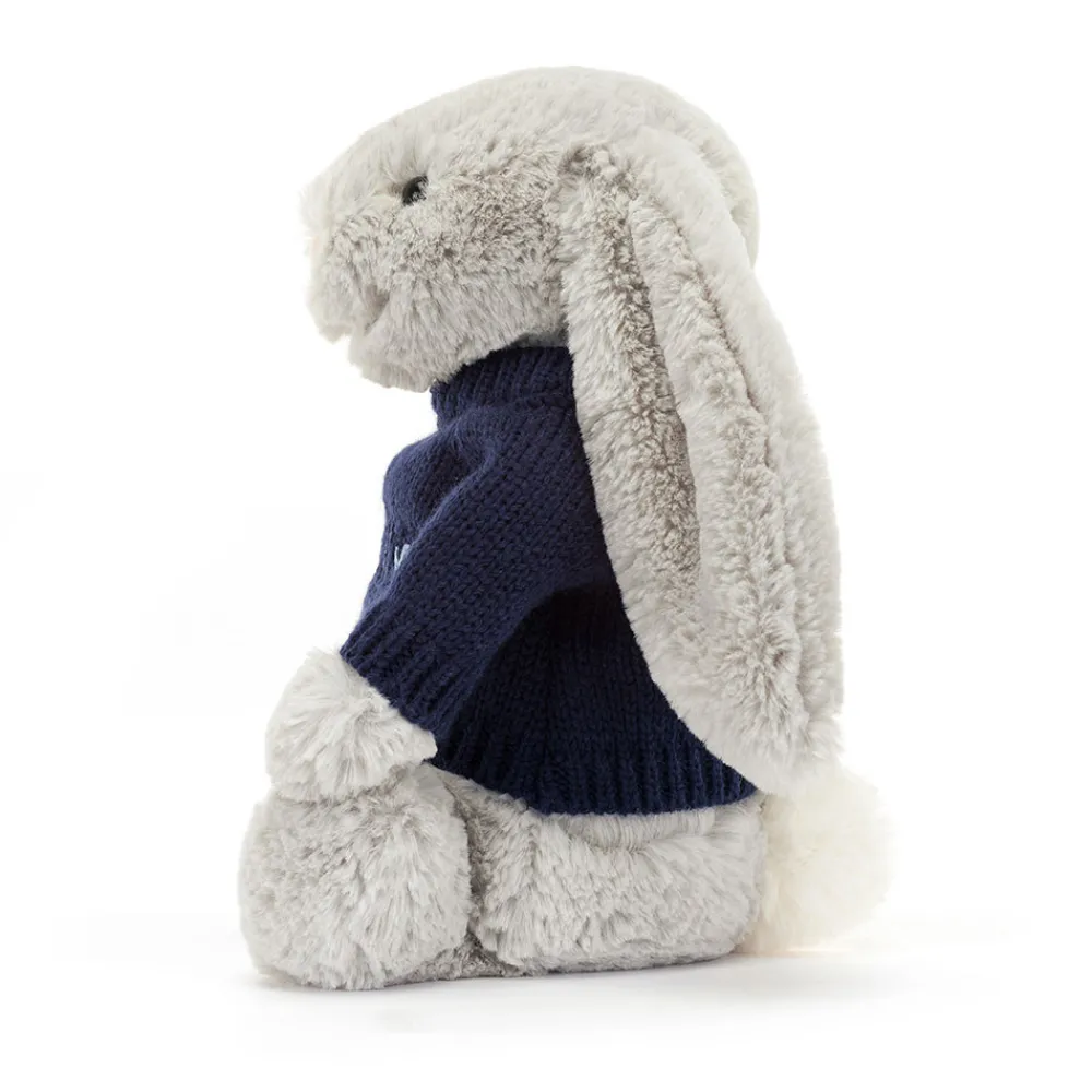 New Bashful Silver Bunny with Personalised Navy Jumper